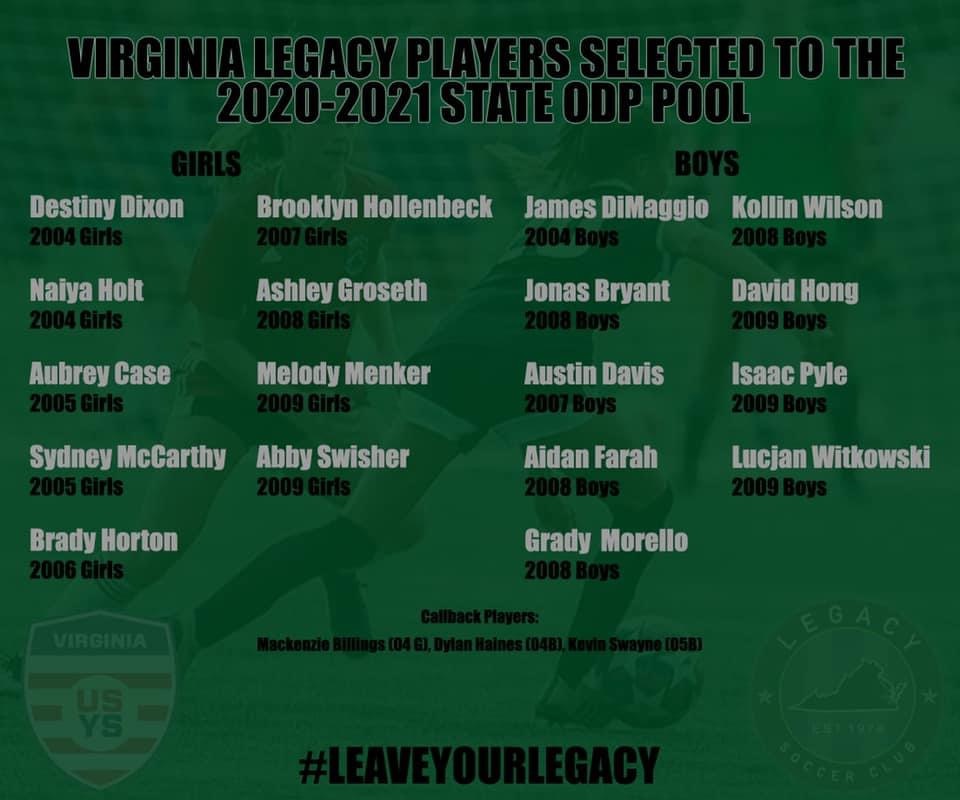 2021 State ODP Pool Selections | Virginia Legacy Soccer Club